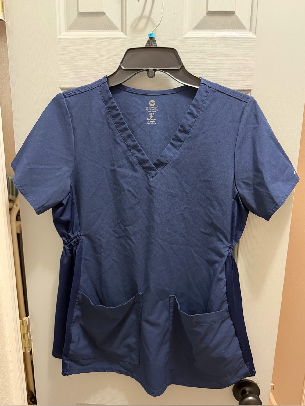 Med Couture Plus + One 8459 V-Neck 2-Pocket Polyester S Navy Short Sleeve Shirt